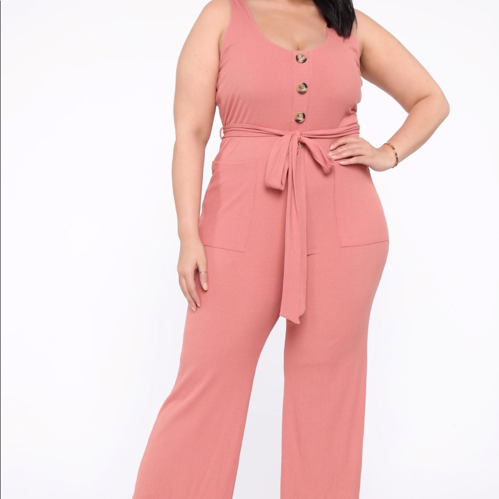 PLUS SIZE FASHION NOVA RIBBED SHRIMP/ROSE WIDE-LEG JUMPSUIT 3XL